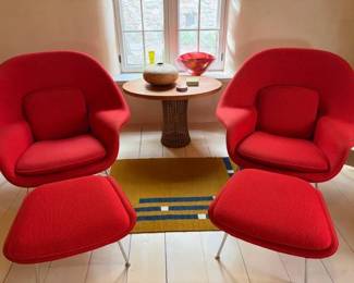 Womb lounge chairs/ottomans by Eero Saarinen for Knoll, Murano glass, Nathan Hart 2003 burlwood bowl, Shaker table top