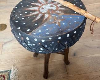 Vintage Cochiti painted drum (shown on stool)
