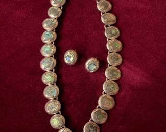 Emma Melendez vintage Taxco sterling and abalone necklace and earring set