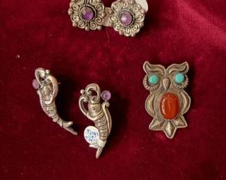 Margot de Taxco and other sterling and amethyst post earrings, unsigned sterling, carnelian and turquoiseNavajo owl brooch