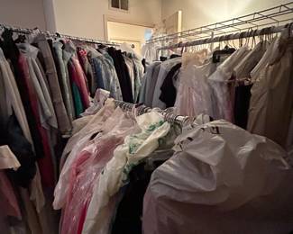   Entire rooms with  high end clothing, shoes and accessories. Many are new with tags.Valentino, Tahari, Oscar De La Renta, Escada, BCBG, Etienne & Aigner, IZod, Saks Fifth Avenue, Mootsies Tootsies, to name a few.  