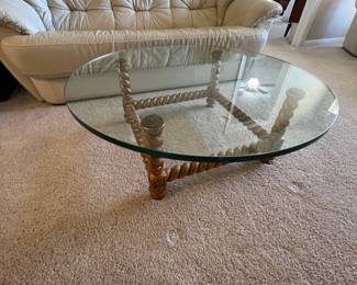 Mid-century modern glass top with gold base coordinate coffee table in the round… $150