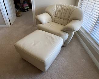 Matching white leather over stuffed club chair and ottoman… $200