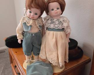 Porcelain Doll Boy & Girl w/ Stand
