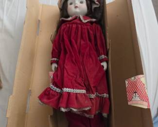 Vintage Porcelain Doll Red Velvet Dress Boxed Brown Hair Collectible