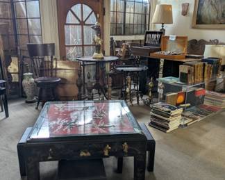 vtg. Chinese Black Lacquer Coffee Table Chinoiserie Hard Stone Motifs