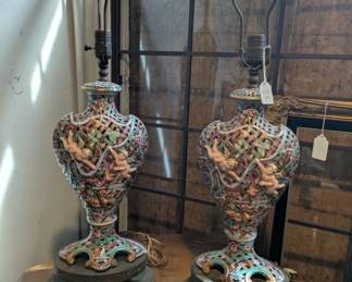 Vtg. Pair Italian Heart Shape Fretted Lamps