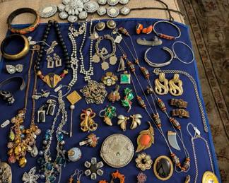 Lot of costume Jewelry Including Coral screw back earrings, compacts, etc.