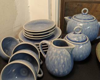 Vintage Glazed Blue Pottery Tea set