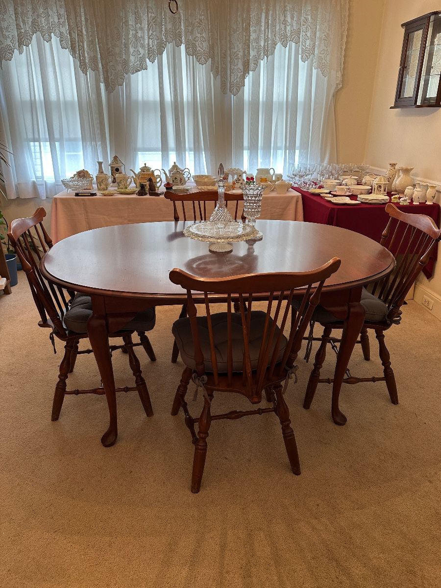 Cherry dining table, cherry Windsor chairs 