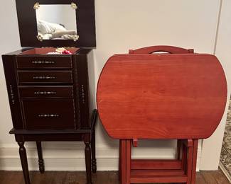 Jewelry chest, gray tables with stand