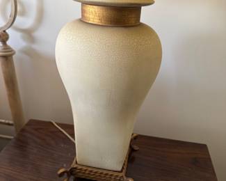 Vintage Pair Ceramic Table Lamps Crackle Glaze with a Metallic Gold Collar. $60