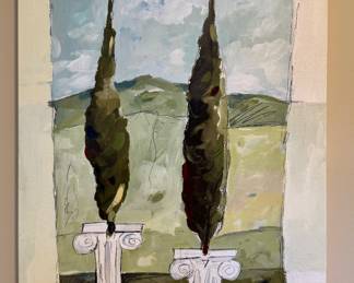 "Garden Statues" Oil on Board, Signed Victor Bokas