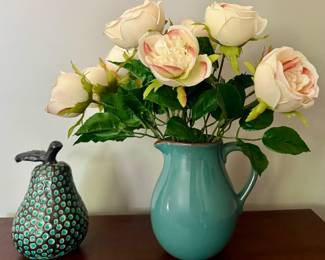 Modern Decorative Pear & Pitcher with Faux Roses