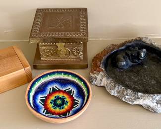 Boxes, Beaded Bowl and Carved Hippo