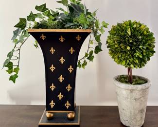 Fleur de Lis Vase with Faux Ivy & Faux Boxwood Arrangments
