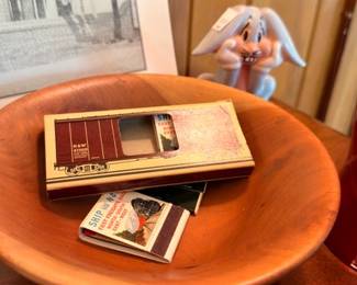 Wooden dough bowl with vintage matchbooks and Nashville photo
