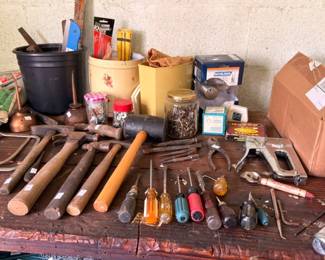 Vintage screwdrivers mallets and hacksaw tool lot