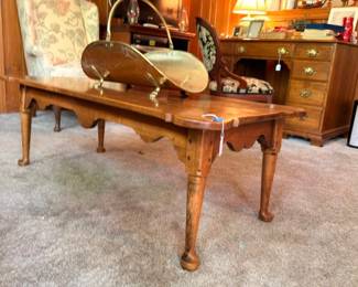 Maple farmhouse coffee table with brass fireplace bellows