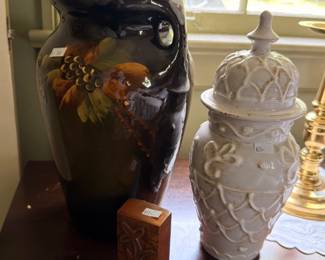 Dark Weller art pottery vase with white lidded ginger jar
