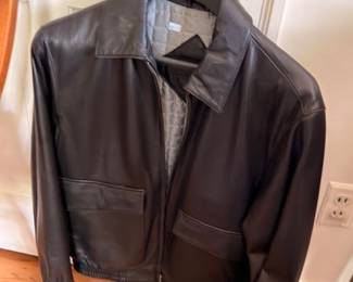 Men's black leather zip-front bomber jacket