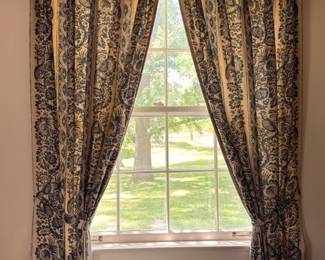 Blue and gold paisley curtain panels with matching valance