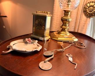 Brass carriage clock brass lamp and porcelain rose dresser tray