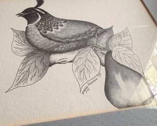 Signed pencil drawing of partridge in a pear tree