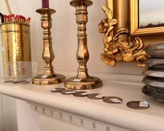 Brass candlesticks match holder and gilt gesso mirror fragment