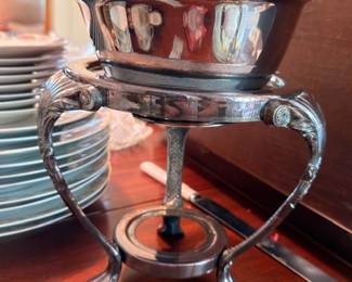 Silverplate chafing dish warmer with ornate tripod stand