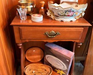 Maple side table with porcelain bowl brass cachepot and treenware