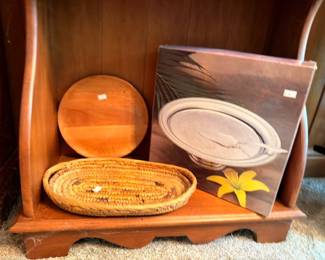 Wood cutting board coiled basket silver tray and lily canvas art