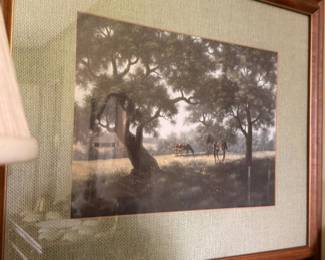 Framed pastoral print with horses grazing in field landscape scene