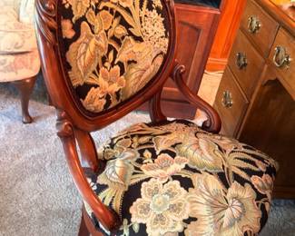 Victorian carved mahogany balloon-back parlor chair with floral tapestry upholstery