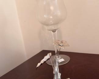 Crystal hurricane candle holder with silver floral pewter base