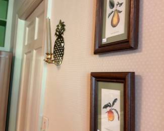 Pair of framed pear and fruit botanical prints with pineapple wall hook