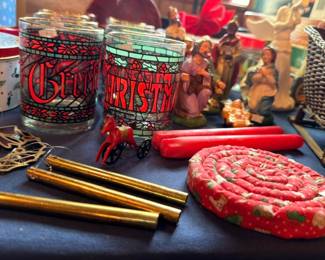 Christmas decor assortment brass candles quilted trivet and ornaments