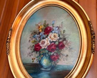 Oval floral bouquet still life oil painting in ornate gilt frame