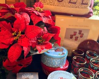 Christmas decor lot poinsettia Merry Christmas tins and holiday glassware