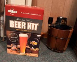 Mr Beer home brewing kit with wooden barrel