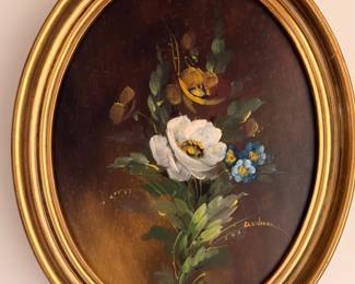 Oval floral still life oil painting in gilt gold frame
