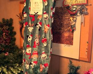 Christmas decor dog pattern blanket small tabletop trees and poinsettia