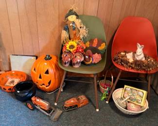 Halloween decor jack-o-lantern vintage metal toy trucks and Easter baskets