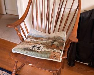 Bow-back Windsor chair with spindle back and needlepoint cushion