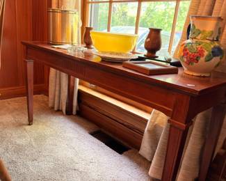 Mahogany console table with Pyrex yellow bowl and hand-painted pitcher