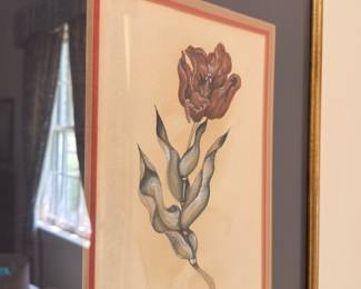 Red tulip botanical watercolor print in gilt frame