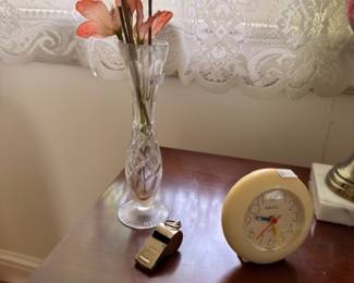 Crystal bud vase vintage clock and brass whistle