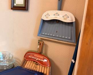 Vintage painted tole dustpan and broom with framed fruit print