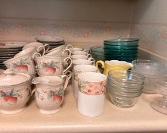 Mikasa peach blossom china teacups with teal glass bowls
