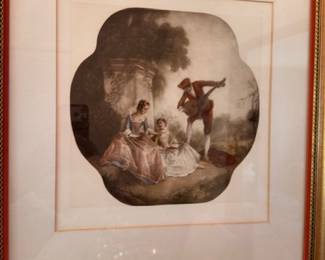 Antique French pastoral courting scene print in gilt frame